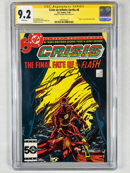 CRISIS ON INFINITE EARTHS #8 CGC SS 9.2 - DEATH OF FLASH - SIGNED BY GEORGE PEREZ - DC COMICS