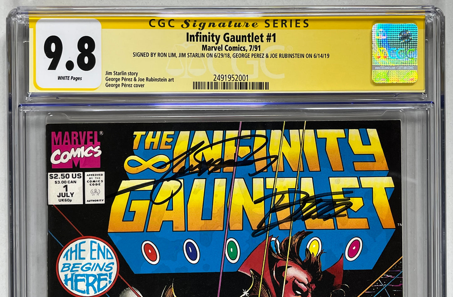 INFINITY GAUNTLET #1 CGC SS 9.8 - 1991 - SIGNED 4x PEREZ, STARLIN, LIM, AND RUBINSTEIN - MARVEL COMICS