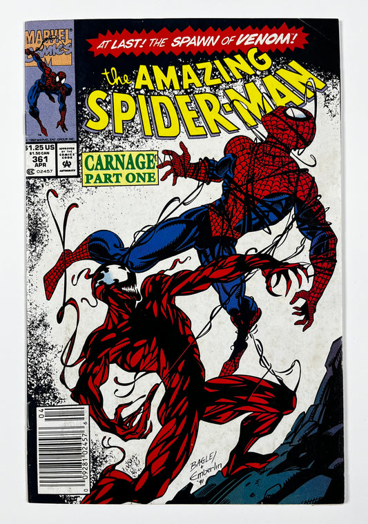 AMAZING SPIDER-MAN #361 - NEWSSTAND EDITION - 1992 - FN- - 1ST FULL APPEARANCE OF CARNAGE - MARVEL COMICS