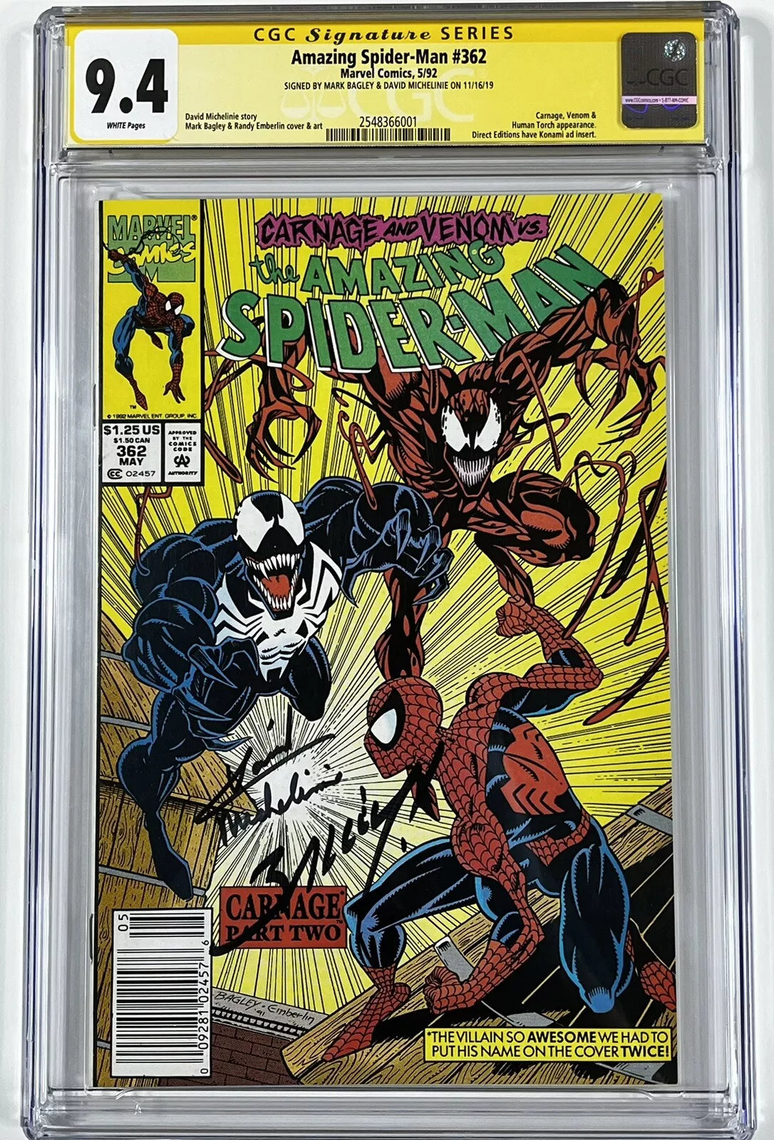 AMAZING SPIDER-MAN #362 CGC SS 9.4 - NEWSSTAND EDITION - SIGNED BY MARK BAGLEY & DAVID MICHELINIE