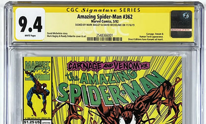 AMAZING SPIDER-MAN #362 CGC SS 9.4 - NEWSSTAND EDITION - SIGNED BY MARK BAGLEY & DAVID MICHELINIE