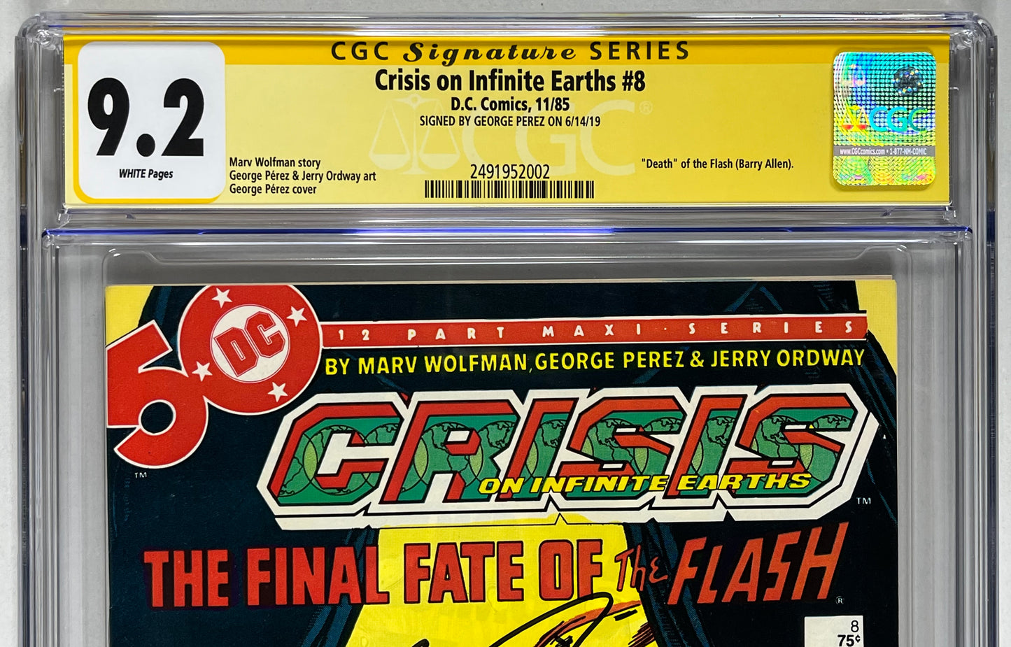 CRISIS ON INFINITE EARTHS #8 CGC SS 9.2 - DEATH OF FLASH - SIGNED BY GEORGE PEREZ - DC COMICS