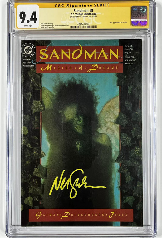 SANDMAN #8 CGC SS 9.4 - 1989 - 1ST APPEARANCE OF DEATH - SIGNED BY NEIL GAIMAN